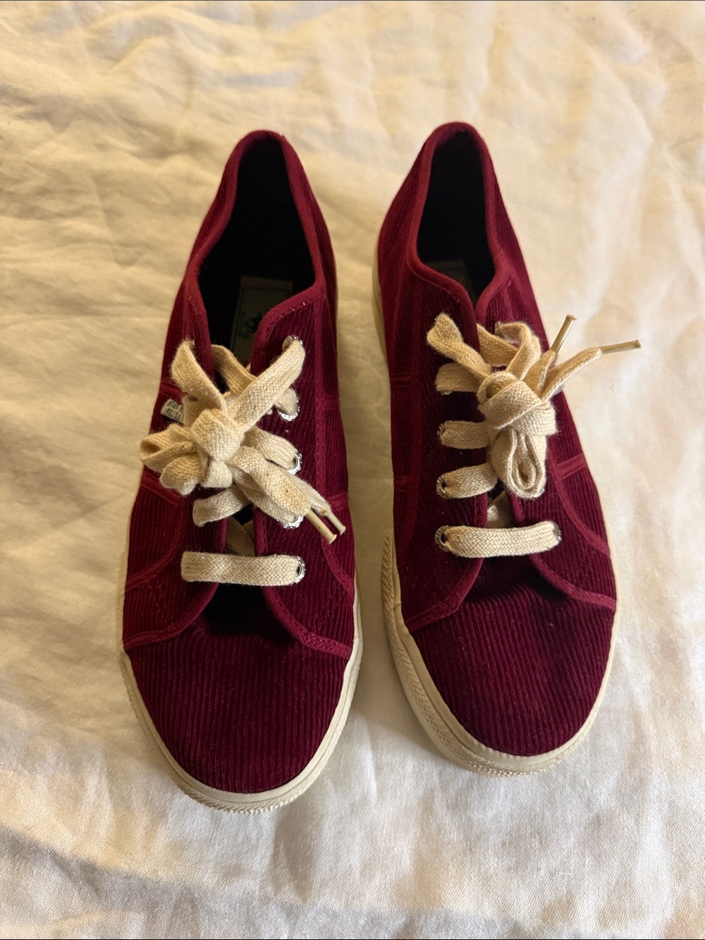 Women's Burgundy Corduroy Low-Top Sneakers with Cream Laces